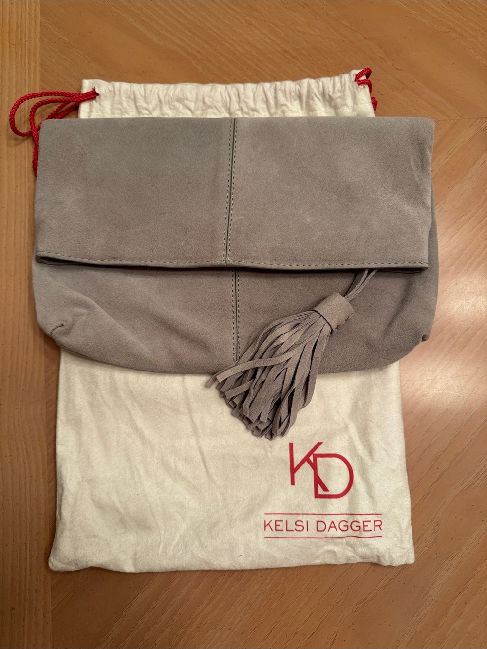 Kelsi Dagger Light Gray Suede Tassel Foldover Clutch